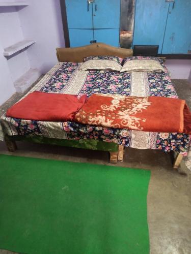 1 cama en una habitación con suelo verde en Shiva guest House (hoche poche cafe ) en Agra