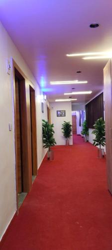 a hallway with a red carpet and potted plants at Hotel Royal Relax in Gandhinagar