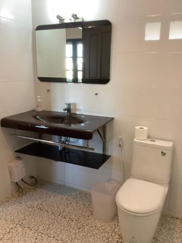 een badkamer met een wastafel, een toilet en een spiegel bij แกรนด์ฮิลล์ เฮาส์ Grandhill house in Hua Hin