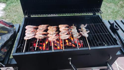 un montón de carne cocinando en una parrilla en Vikinga casa de playa, en Monte Gordo