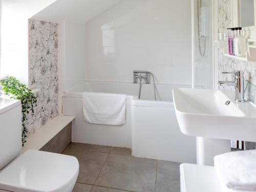 a white bathroom with a toilet and a sink at The Old Stable - Dey in Marshwood