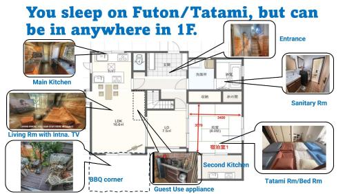 a drawing of a floor plan of a house at Tatami room & Living Room equipped with Multinational TV and Fire, BBQ corner in Tokyo Downtown House in Tokyo