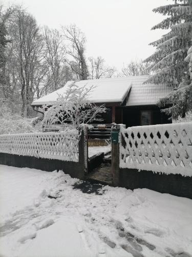 a house with a fence covered in snow at Cabin In The Woods Vukelic in Stubicke Toplice