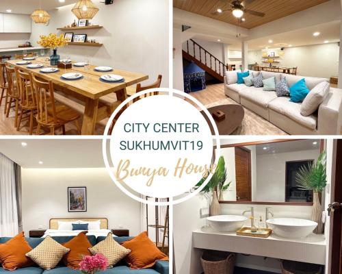 a collage of photos of a living room and a city center sustainable subdivision house at Bunya House near BTS Asok, Terminal21 Free BF in Bangkok