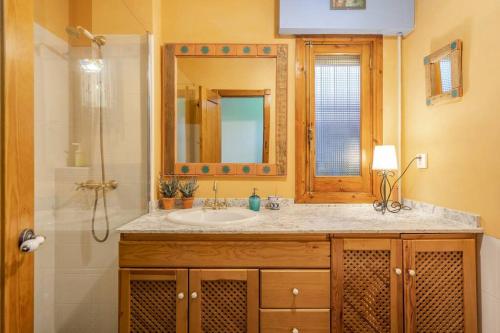 bagno con lavandino e doccia con specchio di Frente a la Alhambra a Granada