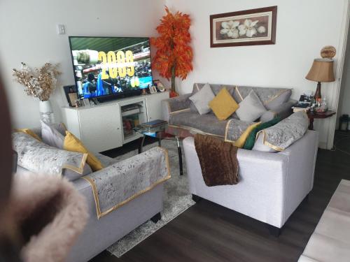 a living room with two couches and a television at Residential property in Edmonton