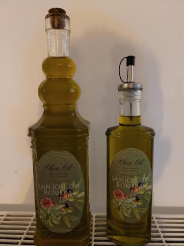 two bottles of olive oil sitting next to each other at casa entre mer et montagne in Arcos de la Frontera