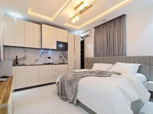 a bedroom with a large bed and a kitchen at luxury studio apartment in Lekki