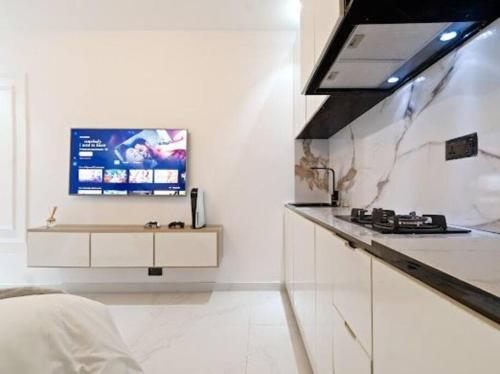 Il comprend une cuisine équipée d'une cuisinière et une télévision murale. dans l'établissement luxury studio apartment, à Lekki
