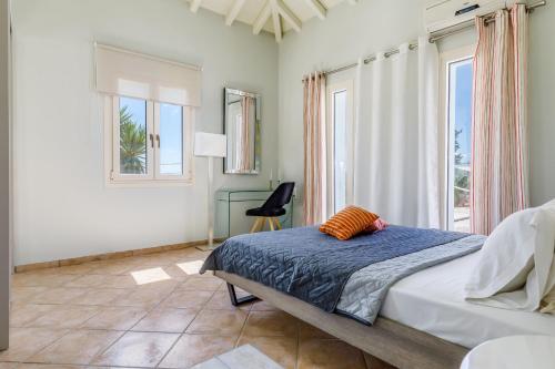 a bedroom with a bed and two windows at Aelios Villa in Patitiri