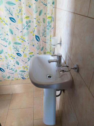 a sink in a bathroom with a shower curtain at La Peninsula in Neuquén