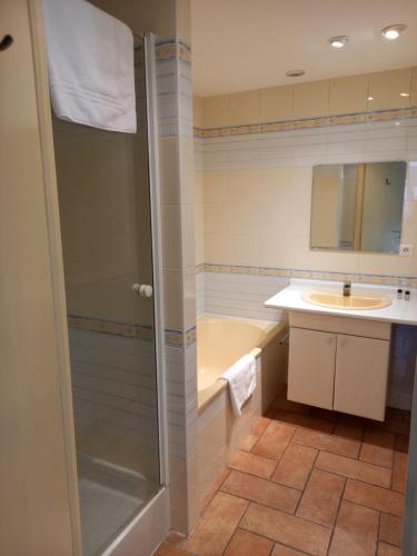 a bathroom with a shower and a sink at Hotel de la Halle in Nolay