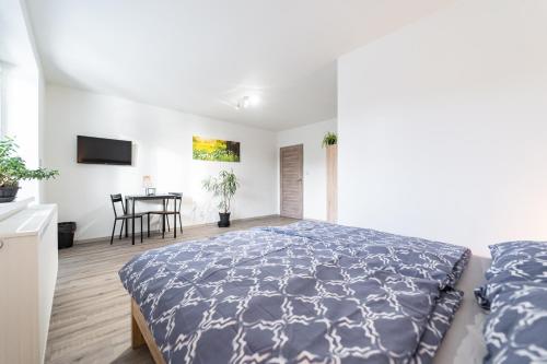 a bedroom with a bed and a table at Apartmány TERA in Miletín