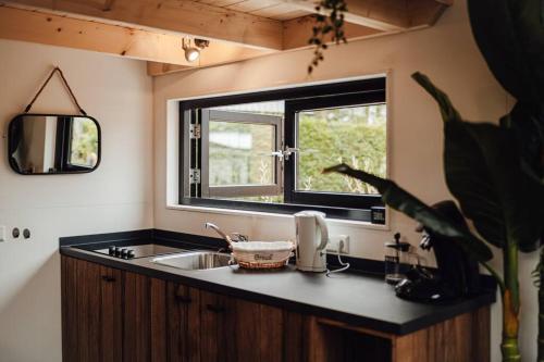 cocina con fregadero y ventana en Tiny Dream House 4p, en Arnhem