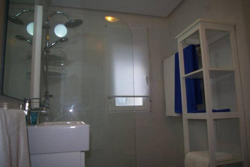 uma casa de banho com um chuveiro e um lavatório. em Garrucha's Beach Aldea Marina em Vera