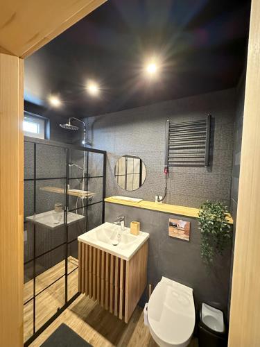 a bathroom with a toilet and a sink at Grey Sea Rusinowo in Rusinowo