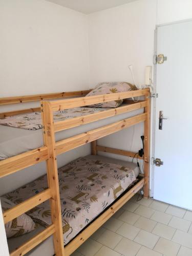 Ce dortoir comprend 2 lits superposés et une porte. dans l'établissement Studio à Hyères Port - Proche de toutes commodités, à Hyères