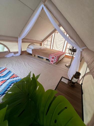 una habitación con una tienda de campaña con una cama y una mesa en De Kampung Campsite, en Rawang