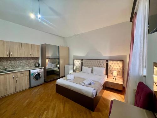 a large bedroom with a bed and a kitchen at Family Hotel in Yerevan