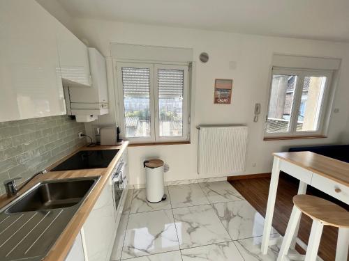 een keuken met witte kasten en een wastafel bij Les appartements d'Ostende in Calais