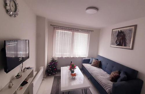 een woonkamer met een blauwe bank en een kerstboom bij Apartman MiSSS in Pale