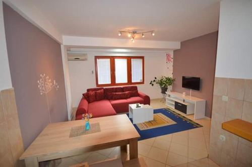 Nikolic Apartments - Ohrid City Centre في أوخريد: غرفة معيشة مع أريكة حمراء وتلفزيون