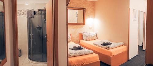 a bathroom with a shower and a couple of seats at Penzion V Maštali in Kněževes