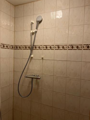 y baño alicatado con ducha y cabezal de ducha. en Rommelägenhet, en Säter