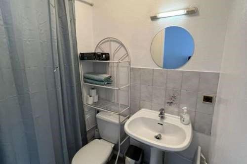 La salle de bains est pourvue d'un lavabo, de toilettes et d'un miroir. dans l'établissement Beau studio , ensoleillé, Wifi, etage 5 ascenceur, à Marseille