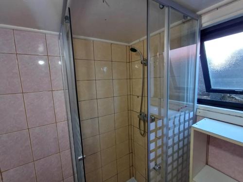 a shower with a glass door in a bathroom at cabañas Cadiz in Valdivia