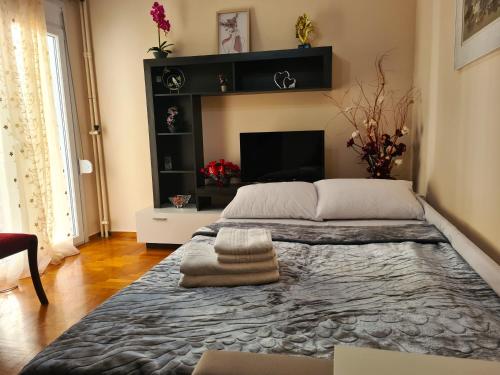 - une chambre avec un grand lit et une cheminée dans l'établissement Comfortable Apartment in Athens Kallithea, à Athènes