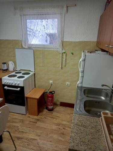 eine Küche mit einem Herd, einem Waschbecken und einem Fenster in der Unterkunft Planinska kuca Steki Bukulja in Aranđelovac