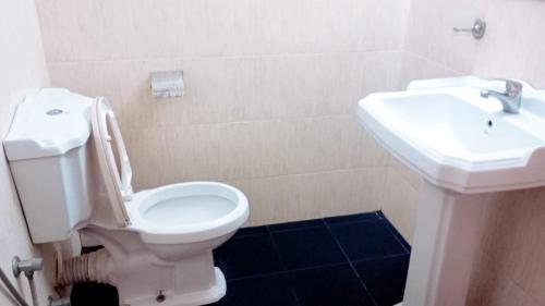 a bathroom with a white toilet and a sink at Hotel Panchavaasa in Kurundankulama