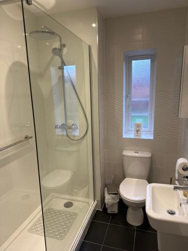 a bathroom with a shower and a toilet and a sink at Abbotsleigh Rest - close to Glastonbury Abbey in Glastonbury