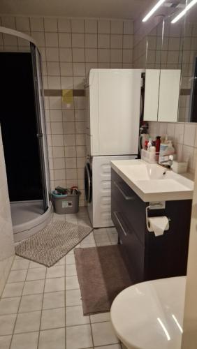 un piccolo bagno con lavandino e frigorifero di Niklas Ålesund City Center Apt. (sleep: 3 pers). ad Ålesund