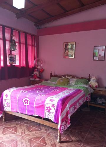 - une chambre avec un lit doté d'un couvre-lit rose dans l'établissement La casita de la abuela, à Cajamarca