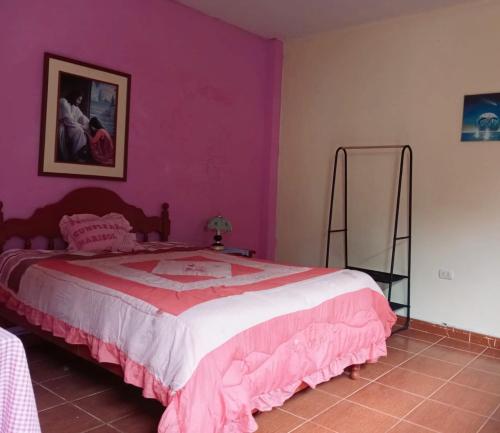 - une chambre dotée d'un lit avec un mur rose dans l'établissement La casita de la abuela, à Cajamarca