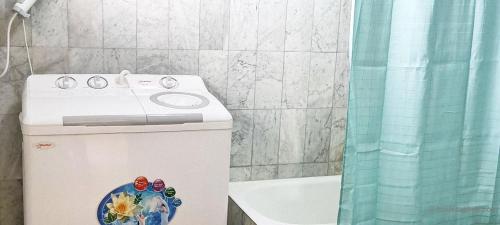 a bathroom with a washing machine next to a bath tub at Luxury Penthouse 2 in Yaoundé