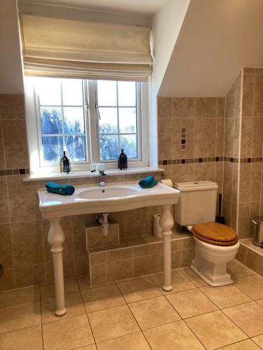 a bathroom with a sink and a toilet and a window at Langford farmhouse - New Forest National Park Luxury 4bd, hot tub, cinema, 10 acres in Bartley