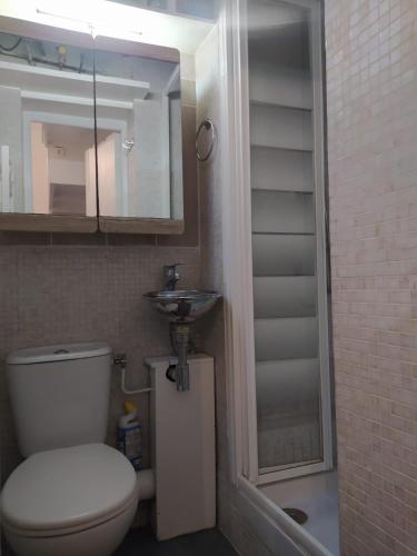 une salle de bain avec toilettes, lavabo et miroir dans l'établissement Le 4, à Paris