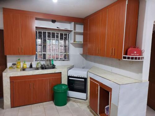 uma cozinha com armários de madeira, um lavatório e um fogão em A Lovely smart family guest house em Kisii
