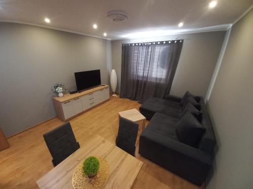 a living room with a couch and a table at Apartament Ogrodzieniec in Ogrodzieniec