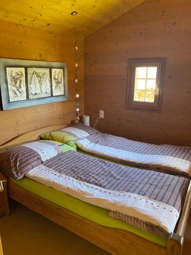 two beds in a log cabin with two windows at Alphütte Bielerhüs in Fiesch