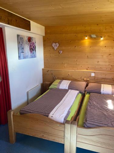 two beds in a room with wooden walls at Alphütte Bielerhüs in Fiesch