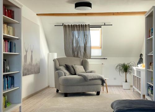 a living room with a chair and a window at Ferienwohnung Hintermoos in Kißlegg