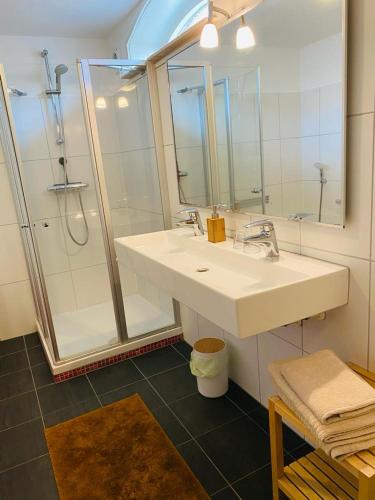 a bathroom with a white sink and a shower at By Onzz in Kamperland