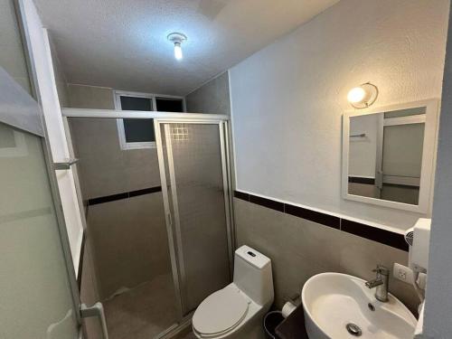 a bathroom with a shower and a toilet and a sink at Departamento Harmony Xalapa in Xalapa