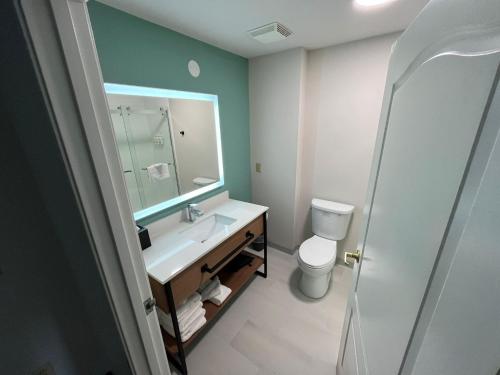 a bathroom with a sink and a toilet and a mirror at Wingate By Wyndham Mansfield Ontario in Mansfield