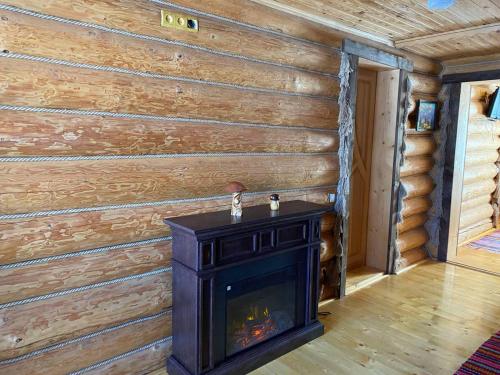 a fireplace in a room with a wooden wall at Шепіт річки in Synevyr