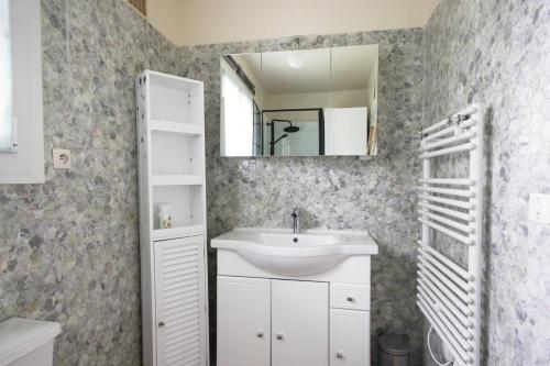 une salle de bain avec un lavabo et un miroir dans l'établissement 604 - Maison avec grand jardin calme et paisible proximité centre et plage d'Erquy, à Erquy